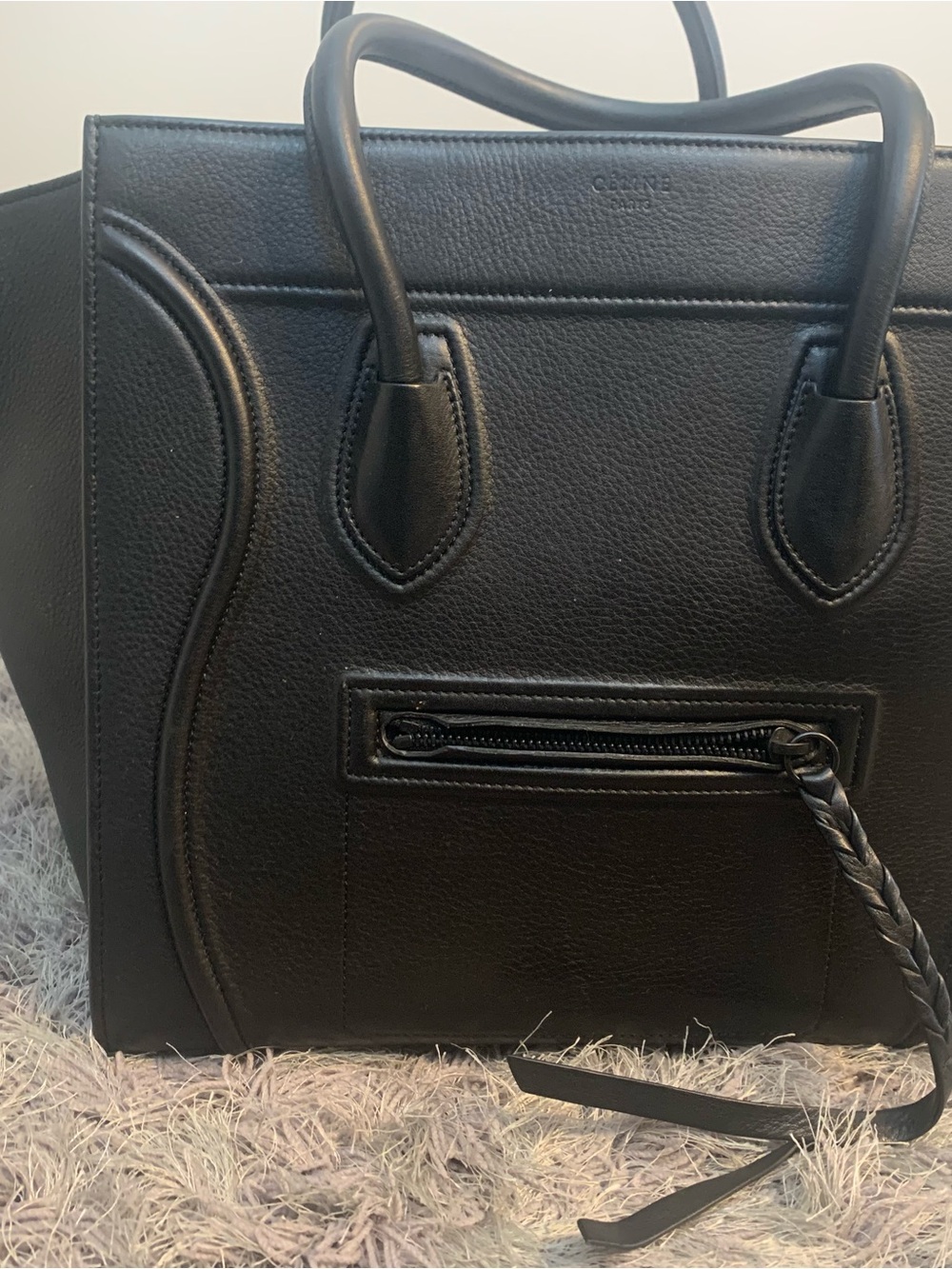 Celine Black Leather Phantom Luggage Tote with Front Zip Detail